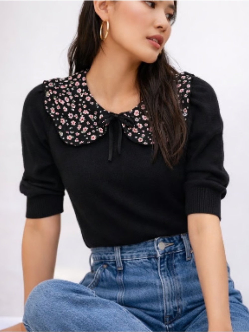 Maeve black floral collar sweater with gathered sleeves